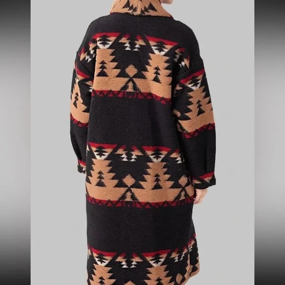 XIRENA Yellowstone Black Aztec Print Long Coat with Tan & Red Accents - Picture 2 of 8